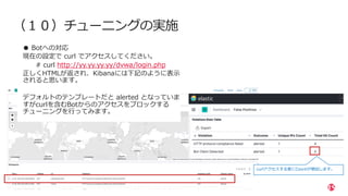 | ©2020 F5
33
（１０）チューニングの実施
● Botへの対応
現在の設定で curl でアクセスしてください。
# curl http://yy.yy.yy.yy/dvwa/login.php
正しくHTMLが返され、Kibanaには下記のように表⽰
されると思います。
デフォルトのテンプレートだと alerted となっていま
すがcurlを含むBotからのアクセスをブロックする
チューニングを⾏ってみます。
curlアクセスする度にCountが増加します。
 