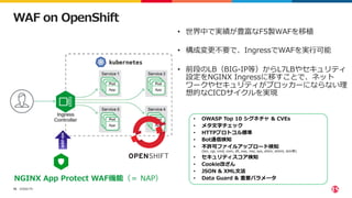 ©2022 F5
16
WAF on OpenShift
NGINX App Protect WAF機能（＝ NAP）
• 世界中で実績が豊富なF5製WAFを移植
• 構成変更不要で、IngressでWAFを実⾏可能
• 前段のLB（BIG-IP等）からL7LBやセキュリティ
設定をNGINX Ingressに移すことで、ネット
ワークやセキュリティがブロッカーにならない理
想的なCICDサイクルを実現
• OWASP Top 10 シグネチャ & CVEs
• メタ⽂字チェック
• HTTPプロトコル標準
• Bot通信検知
• 不許可ファイルアップロード検知
(bin, cgi, cmd, com, dll, exe, msi, sys, shtm, shtml, stm等)
• セキュリティスコア検知
• Cookie改ざん
• JSON & XML⽂法
• Data Guard & 重要パラメータ
add-on
 