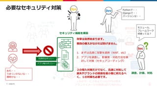 ©2022 F5
7
必要なセキュリティ対策
アプリケーション
OS / Platform
フレームワーク
Django、Ruby on Rails、CakePHP、
Laravel、Spark、Tomcat、etc
Python、Ruby、PHP、Java、JS、etc
静的解析（SAST）
• コード解析のみ
• フレームワークの対処は困難
動的解析（DAST）
• 最新の攻撃を模倣し、対策を提
⽰するものではない
１分のサービス停⽌で100万円の損失
ブランドイメージの毀損は計り知れない
セキュアコーディング
Mod Mod Mod Mod Mod Mod
限定的
なんか最近
反応が悪いな・・
CVE 9.9
あれ・・
うまくいかないな・・
潮時かな・・
Sec
Dev
Ops
セキュリティ機能を構築
調査、計画、対処
モジュール、
フレームワーク
何使ってる︖
Pythonで・・
Djangoで・・
バージョンは・・
攻撃は突然始まります。
普段の備えがなければ防げません。
1. まずは迅速に攻撃を遮断（WAF、etc）
2. アプリを調査し、影響度・対処⽅法を検
討して対策（セキュアコーディング）
２の恒久対策だけでなく、迅速に対処して
損失やブランドの毀損を最⼩限に抑えるべ
く、１の対策も必要です。
汎⽤的なポリシー
アプリ毎のポリシー
 