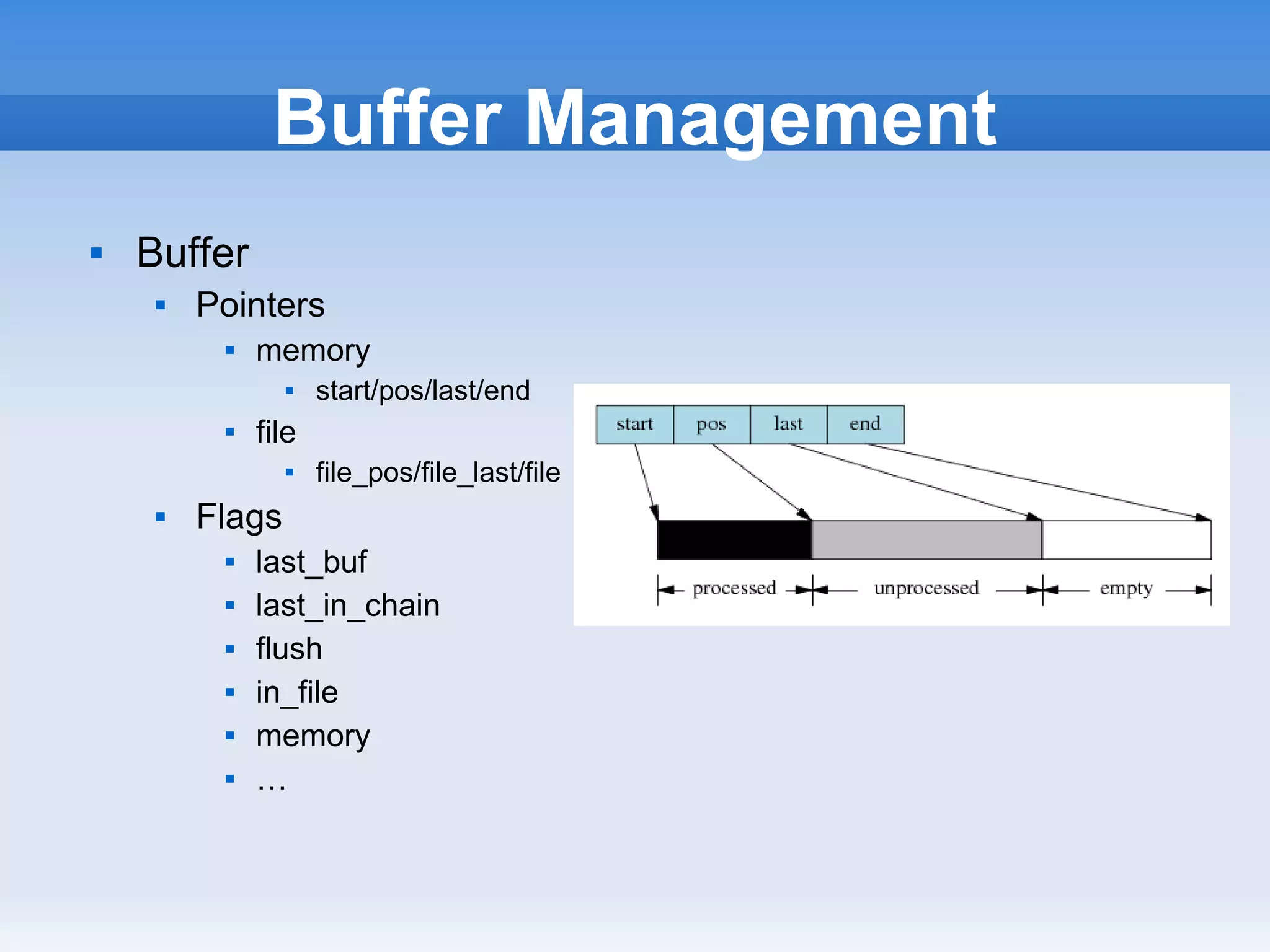 Buffer Management
   Buffer
        Pointers
             memory
                    start/pos/last/end
             file
                    file_pos/file_last/file
        Flags
             last_buf
             last_in_chain
             flush
             in_file
             memory
             …
 