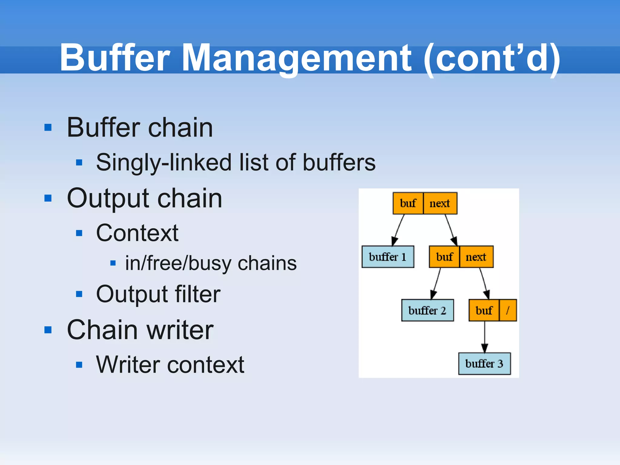 Buffer Management (cont’d)
   Buffer chain
       Singly-linked list of buffers
   Output chain
       Context
            in/free/busy chains
       Output filter
   Chain writer
       Writer context
 