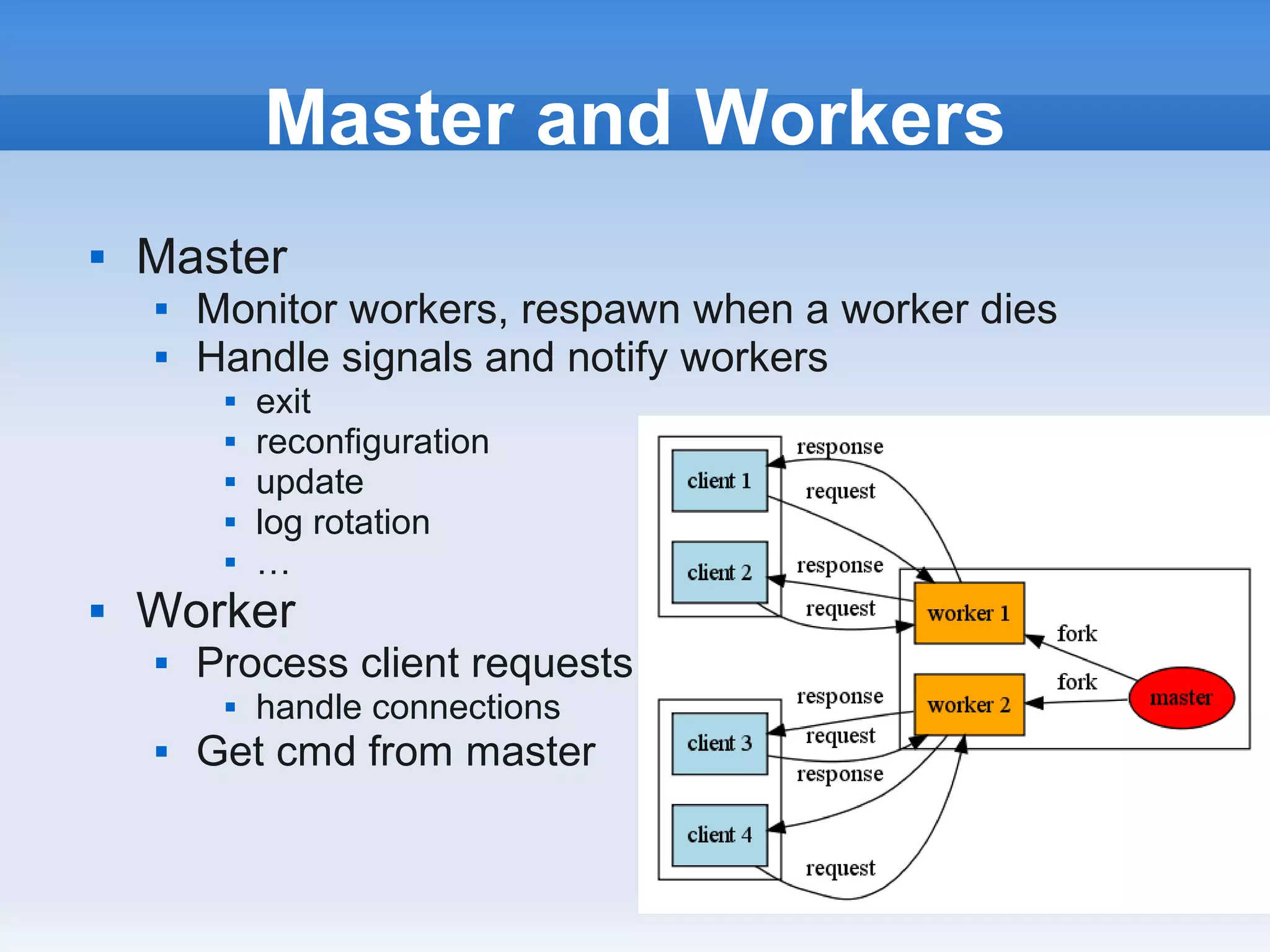 Master and Workers
   Master
       Monitor workers, respawn when a worker dies
       Handle signals and notify workers
            exit
            reconfiguration
            update
            log rotation
            …
   Worker
       Process client requests
            handle connections
       Get cmd from master
 
