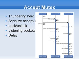 Accept Mutex
   Thundering herd
   Serialize accept()
   Lock/unlock
   Listening sockets
   Delay
 