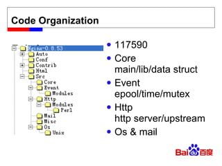 Code Organization 117590 Core main/lib/data struct Event epool/time/mutex  Http  http server/upstream Os & mail 