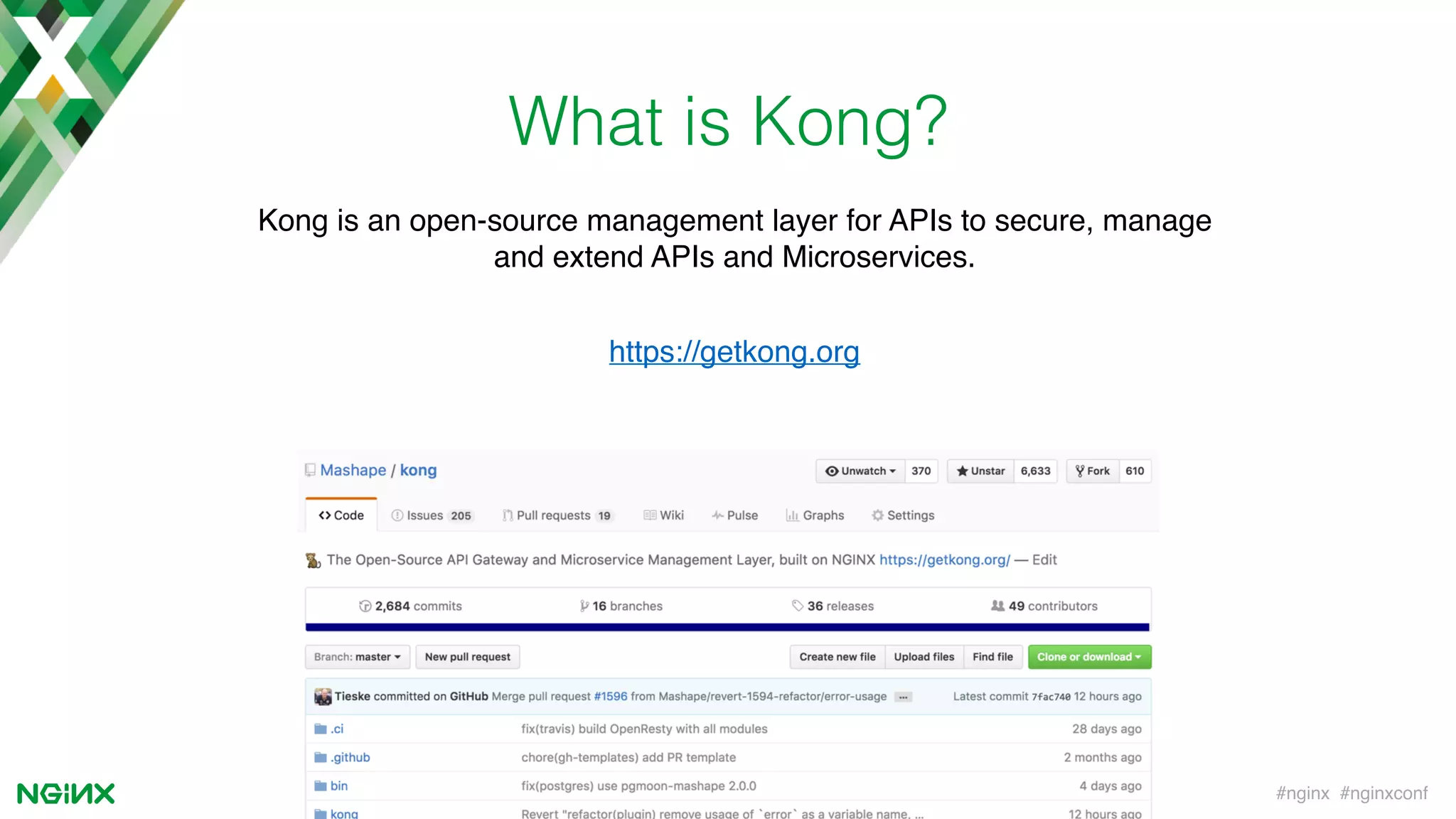 #nginx #nginxconf
What is Kong?
Kong is an open-source management layer for APIs to secure, manage
and extend APIs and Microservices.
https://getkong.org
 