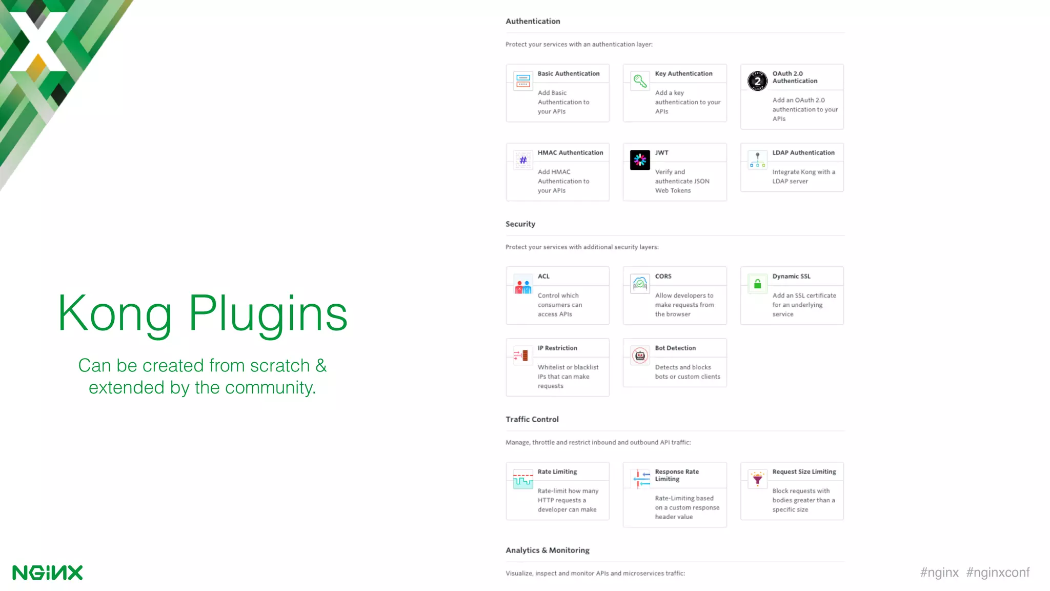 #nginx #nginxconf
Kong Plugins
Can be created from scratch &
extended by the community.
 