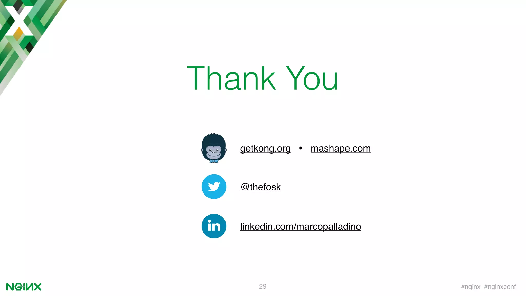 #nginx #nginxconf
Thank You
29
getkong.org
linkedin.com/marcopalladino
@thefosk
mashape.com
 