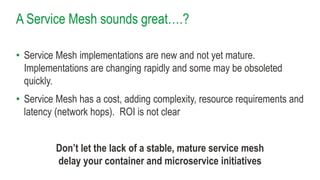 A Service Mesh sounds great….?
• Service Mesh implementations are new and not yet mature.
Implementations are changing rapidly and some may be obsoleted
quickly.
• Service Mesh has a cost, adding complexity, resource requirements and
latency (network hops). ROI is not clear
Don’t let the lack of a stable, mature service mesh
delay your container and microservice initiatives
 