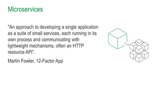 Microservices
"An approach to developing a single application
as a suite of small services, each running in its
own process and communicating with
lightweight mechanisms, often an HTTP
resource API”.
Martin Fowler, 12-Factor App
 