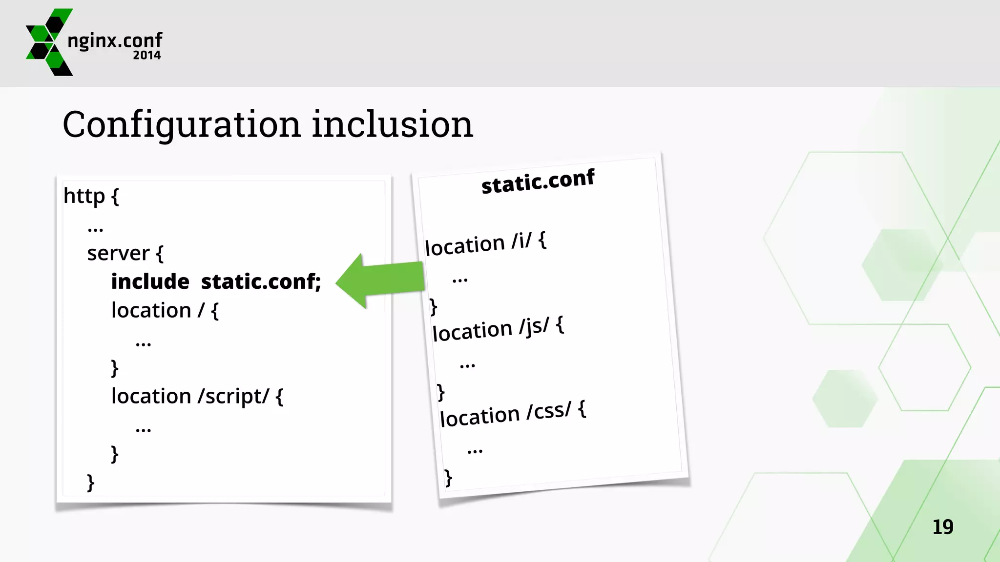 Configuration inclusion 
http { 
… 
server { 
include static.conf; 
location / { 
… 
} 
location /script/ { 
… 
} 
} 
static.conf 
! 
location /i/ { 
… 
} 
location /js/ { 
… 
} 
location /css/ { 
… 
} 
19 
 