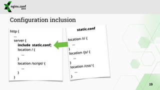 Configuration inclusion 
http { 
… 
server { 
include static.conf; 
location / { 
… 
} 
location /script/ { 
… 
} 
} 
static.conf 
! 
location /i/ { 
… 
} 
location /js/ { 
… 
} 
location /css/ { 
… 
} 
19 
 