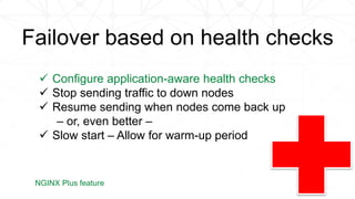  Configure application-aware health checks
 Stop sending traffic to down nodes
 Resume sending when nodes come back up
– or, even better –
 Slow start – Allow for warm-up period
NGINX Plus feature
Failover based on health checks
 