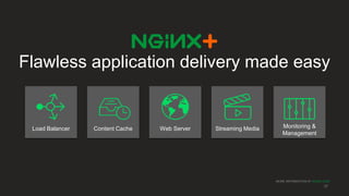 MORE INFORMATION AT NGINX.COM
Flawless application delivery made easy
37
Load Balancer Monitoring &
Management
Web ServerContent Cache Streaming Media
 