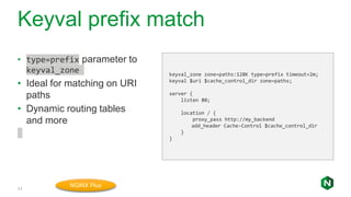 Keyval prefix match
11
• type=prefix parameter to
keyval_zone
• Ideal for matching on URI
paths
• Dynamic routing tables
and more
keyval_zone zone=paths:128K type=prefix timeout=2m;
keyval $uri $cache_control_dir zone=paths;
server {
listen 80;
location / {
proxy_pass http://my_backend
add_header Cache-Control $cache_control_dir
}
}
NGINX Plus
 
