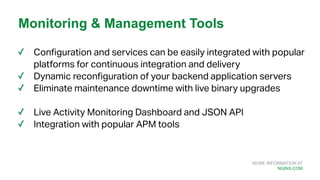 MORE INFORMATION AT
NGINX.COM
✓ Configuration and services can be easily integrated with popular
platforms for continuous integration and delivery
✓ Dynamic reconfiguration of your backend application servers
✓ Eliminate maintenance downtime with live binary upgrades
✓ Live Activity Monitoring Dashboard and JSON API
✓ Integration with popular APM tools
Monitoring & Management Tools
 