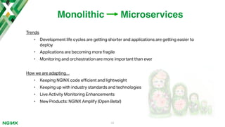 Trends
• Development life cycles are getting shorter and applications are getting easier to
deploy
• Applications are becoming more fragile
• Monitoring and orchestration are more important than ever
How we are adapting…
• Keeping NGINX code e!cient and lightweight
• Keeping up with industry standards and technologies
• Live Activity Monitoring Enhancements
• New Products: NGINX Amplify (Open Beta!)
33
Monolithic Microservices
 