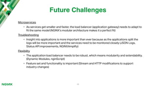 Microservices
• As services get smaller and faster, the load balancer (application gateway) needs to adapt to
"t the same model (NGINX’s modular architecture makes it a perfect "t)
Troubleshooting
• Insight into applications is more important than ever because as the applications split the
logs will be more important and the services need to be monitored closely (JSON Logs,
Status API improvements, NGINXAmplify)
Flexibility
• The application load balancer needs to be robust, which means modularity and extendability.
(Dynamic Modules, nginScript)
• Feature set and functionality is important (Stream and HTTP modi"cations to support
industry changes)
38
Future Challenges
 