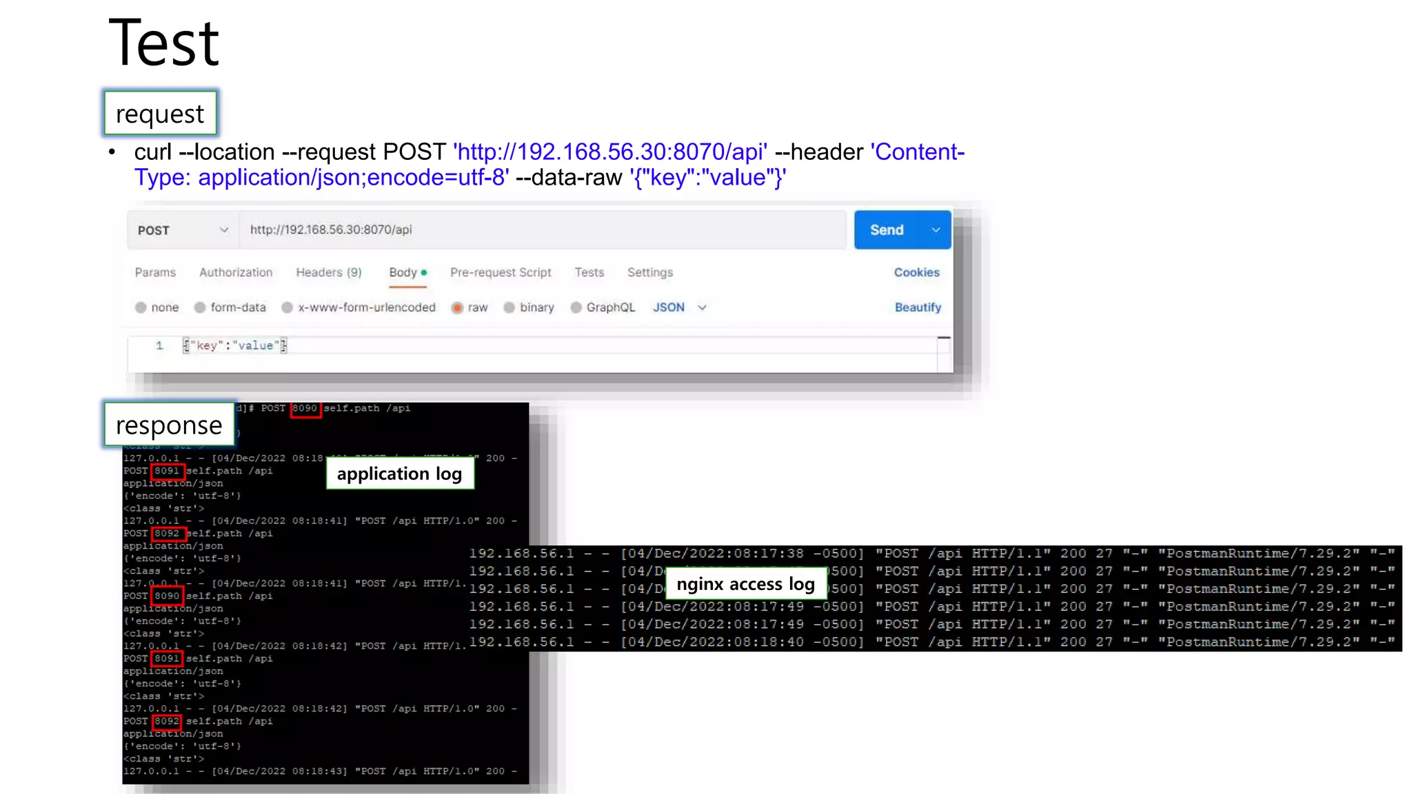 Test
• curl --location --request POST 'http://192.168.56.30:8070/api' --header 'Content-
Type: application/json;encode=utf-8' --data-raw '{"key":"value"}'
request
response
application log
nginx access log
 