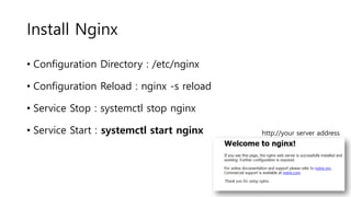 Install Nginx
• Configuration Directory : /etc/nginx
• Configuration Reload : nginx -s reload
• Service Stop : systemctl stop nginx
• Service Start : systemctl start nginx http://your server address
 