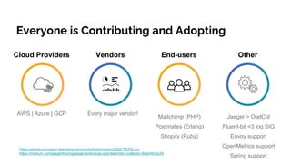 Everyone is Contributing and Adopting
https://github.com/open-telemetry/community/blob/master/ADOPTERS.md
https://medium.com/jaegertracing/jaeger-embraces-opentelemetry-collector-90a545cbc24
AWS | Azure | GCP Every major vendor!
Mailchimp (PHP)
Postmates (Erlang)
Shopify (Ruby)
Cloud Providers Vendors End-users Other
Jaeger > OtelCol
Fluent-bit <3 log SIG
Envoy support
OpenMetrics support
Spring support
 
