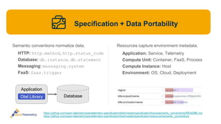 Semantic conventions normalize data.
HTTP: http.method, http.status_code
Database: db.instance, db.statement
Messaging: messaging.system
FaaS: faas.trigger
Resources capture environment metadata.
Application: Service, Telemetry
Compute Unit: Container, FaaS, Process
Compute Instance: Host
Environment: OS, Cloud, Deployment
Application
Database
Otel Library
Specification + Data Portability
https://github.com/open-telemetry/opentelemetry-specification/blob/master/specification/trace/semantic_conventions/README.md
https://github.com/open-telemetry/opentelemetry-specification/tree/master/specification/resource/semantic_conventions
 