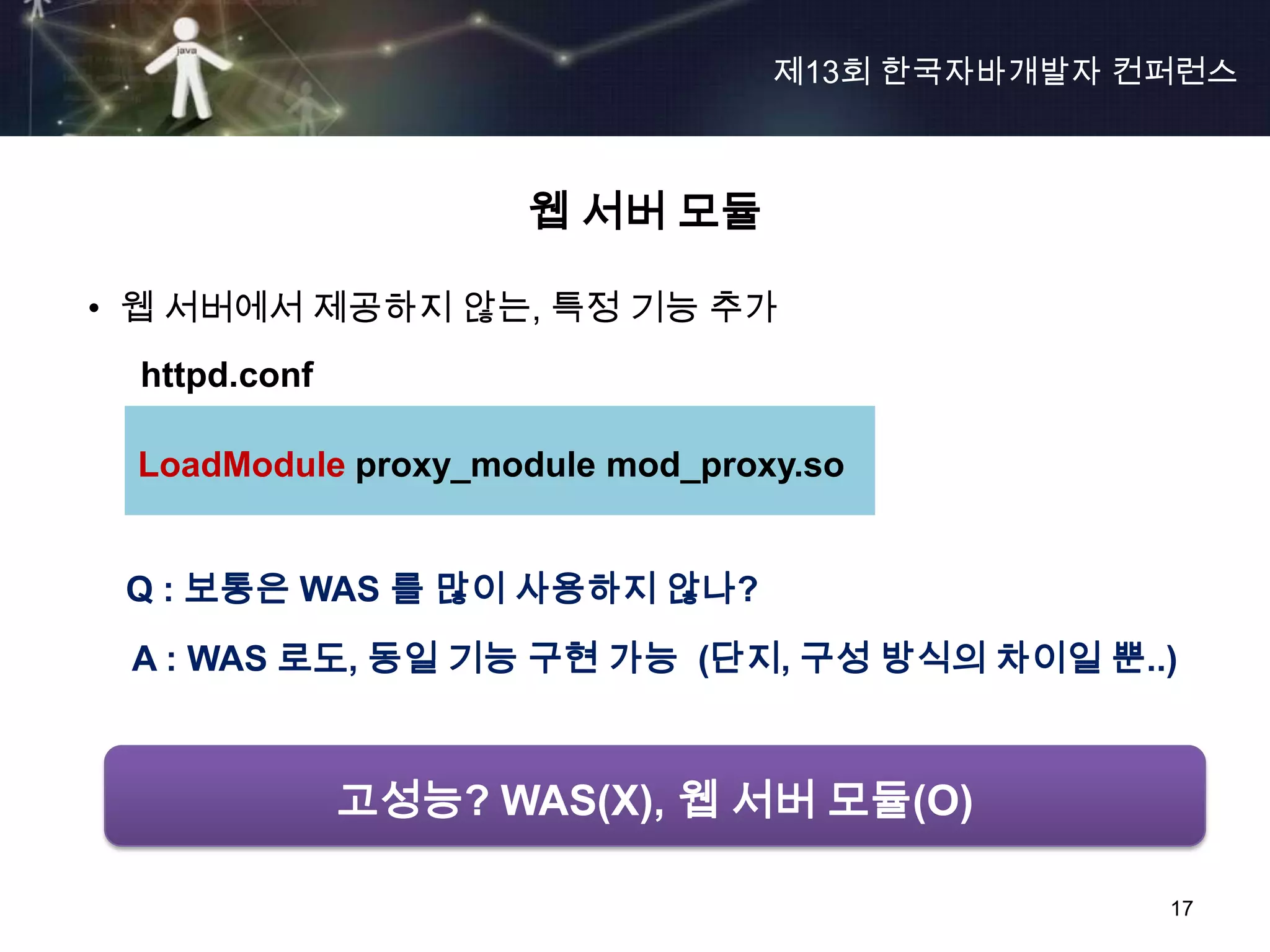 제13회 한국자바개발자 컨퍼런스



                    웹 서버 모듈

• 웹 서버에서 제공하지 않는, 특정 기능 추가
 httpd.conf

 LoadModule proxy_module mod_proxy.so


 Q : 보통은 WAS 를 많이 사용하지 않나?
 A : WAS 로도, 동일 기능 구현 가능 (단지, 구성 방식의 차이일 뿐..)



              고성능? WAS(X), 웹 서버 모듈(O)

                                               17
 