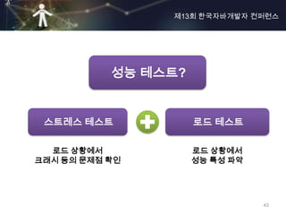 제13회 한국자바개발자 컨퍼런스




           성능 테스트?


 스트레스 테스트            로드 테스트

  로드 상황에서            로드 상황에서
크래시 등의 문제점 확인        성능 특성 파악




                                43
 