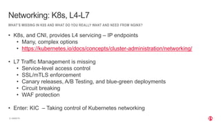 | ©2020 F5
6
WHAT’S MISSING IN K8S AND WHAT DO YOU REALLY WANT AND NEED FROM NGINX?
Networking: K8s, L4-L7
• K8s, and CNI, provides L4 servicing – IP endpoints
• Many, complex options
• https://kubernetes.io/docs/concepts/cluster-administration/networking/
• L7 Traffic Management is missing
• Service-level access control
• SSL/mTLS enforcement
• Canary releases, A/B Testing, and blue-green deployments
• Circuit breaking
• WAF protection
• Enter: KIC – Taking control of Kubernetes networking
 