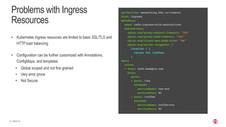 | ©2020 F5
9
Problems with Ingress
Resources
• Kubernetes Ingress resources are limited to basic SSL/TLS and
HTTP load balancing
• Configuration can be further customized with Annotations,
ConfigMaps, and templates
• Global scoped and not fine grained
• Very error prone
• Not Secure
 