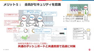 ©2022 F5
37
 コーディング規約作成
 セキュリティ基礎知識
 トレーニング（使い方、チューニング）
メリット５： 全員がセキュリティを意識
Sec
Dev
Dev
Sec
D e v
xxの攻撃がきてるね
○○画面ですね。このパラ
メータ、狙われてますね。 チューニングはどう
しましょう？
テンプレートそのまま
で、△△シグネチャあ
ててみて
わかりました
適用前に一応
レビューさせて
わかりました
プルリク送っておきます
WAFを共通のツールとして活用し
共通のダッシュボードと共通言語で迅速に対策
S
S
Ops
WAFの有無でインフラ
構成変わらない？
もうWAFの面倒見なく
ていいの？！
寂しいけど・・・
やったね！！
 
