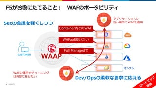 ©2022 F5
46
F5がお役にたてること： WAFのポータビリティ
WAAP
CUSTOMER
オンプレ
Container内でのWAF
WAFaaS使いたい
Full Managedで
アプリケーションに
近い場所でWAFを適用
WAFの運用やチューニング
は外部に任せたい
Secの負担を軽くしつつ
Dev/Opsの柔軟な要求に応える
 