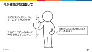 ©2022 F5
50
今から理想を目指して
まずは現状と同じ、Sec
チームでF5 WAF管理
理想のDevSecOpsに向け
て一歩前進！
できるところから徐々に
WAFを全エンジニアに！
 