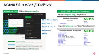©2022 F5
61
NGINXドキュメント/コンテンツ
https://nginx.co.jp/
各種インストール・サンプル
設計などのガイド
プロダクトデータシート
過去のWebinar
顧客事例
NGINX日本語サイト
https://nginx.org/en/docs/
https://nginx.org/en/docs/dirindex.html
NGINX OSS / Directive / Variable etc.
 