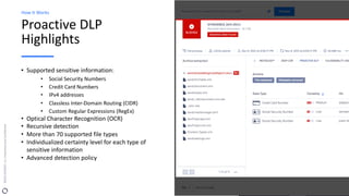 Proactive DLP
Highlights
• Supported sensitive information:
• Social Security Numbers
• Credit Card Numbers
• IPv4 address...