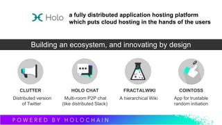 a fully distributed application hosting platform
which puts cloud hosting in the hands of the users
Building an ecosystem, and innovating by design
CLUTTER HOLO CHAT FRACTALWIKI COINTOSS
Distributed version
of Twitter
Multi-room P2P chat
(like distributed Slack)
A hierarchical Wiki App for trustable
random initiation
 