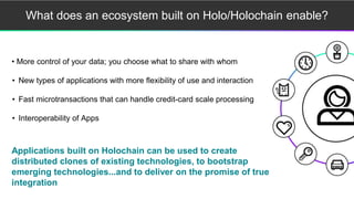 What does an ecosystem built on Holo/Holochain enable?
• More control of your data; you choose what to share with whom
• New types of applications with more flexibility of use and interaction
• Fast microtransactions that can handle credit-card scale processing
• Interoperability of Apps
Applications built on Holochain can be used to create
distributed clones of existing technologies, to bootstrap
emerging technologies...and to deliver on the promise of true
integration
 