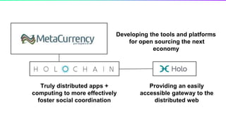 Truly distributed apps +
computing to more effectively
foster social coordination
Providing an easily
accessible gateway to the
distributed web
Developing the tools and platforms
for open sourcing the next
economy
 