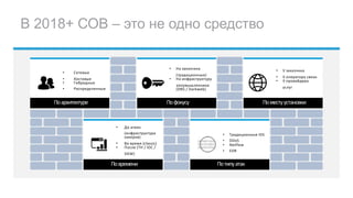 В 2018+ СОВ – это не одно средство
Поархитектуре
• Сетевые
• Хостовые
• Гибридные
• Распределенные
Пофокусу
• На заказчика
(традиционные)
• На инфраструктуру
злоумышленника
(DNS / Darkweb)
Повремени
• До атаки
(инфраструктура
хакеров)
• Во время (classic)
• После (TH / IOC /
SIEM)
Поместуустановки
• У заказчика
• У оператора связи
• У провайдера
услуг
Потипуатак
• Традиционные IDS
• DDoS
• Netflow
• EDR
 