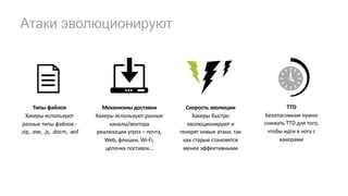 Атаки эволюционируют
Механизмы доставки
Хакеры используют разные
каналы/вектора
реализации угроз – почта,
Web, флешки, Wi-Fi,
цепочка поставок…
Типы файлов
Хакеры используют
разные типы файлов -
.zip, .exe, .js, .docm, .wsf
Скорость эволюции
Хакеры быстро
эволюционируют и
генерят новые атаки, так
как старые становятся
менее эффективными
TTD
Безопасникам нужно
снижать TTD для того,
чтобы идти в ногу с
хакерами
 