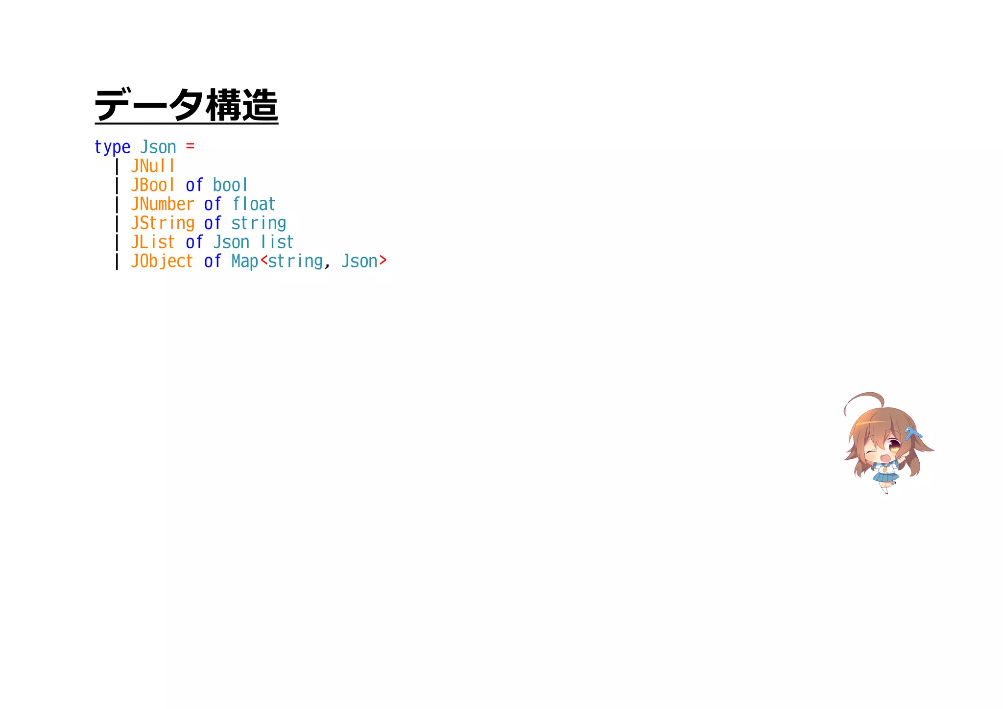 データ構造
type Json =
| JNull
| JBool of bool
| JNumber of float
| JString of string
| JList of Json list
| JObject of Map<string, Json>
 