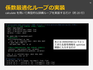 係数最適化ループの実装
18
calculate を用いて典型的な訓練ループを実装するだけ（約 20 行）
def optimize(data, mask, epoch_count = 10000, optimizer = tf.keras.optimizers.Adam(learning_rate = 0.001)):
# 列（タスク）ごとに係数（正規化前）を用意し、初期化する
_shape = [data.shape[1]]
_raw_w = tf.Variable(tf.ones (_shape), True)
_raw_b = tf.Variable(tf.zeros(_shape), True)
_variables = [_raw_w, _raw_b]
for _epoch_index in range(epoch_count):
# 損失を求める
with tf.GradientTape() as _tape:
_loss, _w, _b = calculate(_raw_w, _raw_b, data, mask)
if _epoch_index % 1000 == 0:
log(_epoch_index, _loss, _w, _b)
# 損失から係数の勾配を求め、係数（正規化前）を更新する
_gradients = _tape.gradient(_loss, _variables)
optimizer.apply_gradients(zip(_gradients, _variables))
_loss, _w, _b = calculate(_raw_w, _raw_b, data, mask)
log(epoch_count, _loss, _w, _b)
def log(context, loss, w, b):
print("[%s] loss: %f" % (context, loss.numpy()), flush = True)
print("w: %s" % ", ".join(["%f" % _ for _ in w.numpy()]), flush = True)
print("b: %s" % ", ".join(["%f" % _ for _ in b.numpy()]), flush = True)
あとは ANNOFAB CLI でとっ
てきた生産性情報を optimize
関数に入力するだけ
 