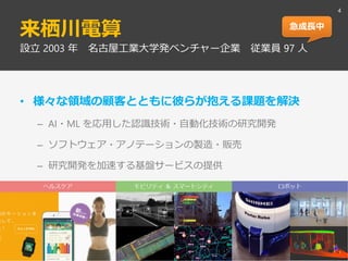 来栖川電算
• 様々な領域の顧客とともに彼らが抱える課題を解決
– AI・ML を応用した認識技術・自動化技術の研究開発
– ソフトウェア・アノテーションの製造・販売
– 研究開発を加速する基盤サービスの提供
4
設立 2003 年 名古屋工業大学発ベンチャー企業 従業員 97 人
急成長中
 