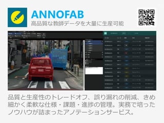 ANNOFAB
高品質な教師データを大量に生産可能
品質と生産性のトレードオフ、誤り漏れの削減、きめ
細かく柔軟な仕様・課題・進捗の管理。実務で培った
ノウハウが詰まったアノテーションサービス。
50
 