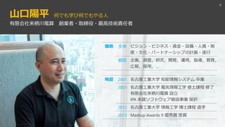 山口陽平 何でも学び何でもやる人
9
有限会社来栖川電算 創業者・取締役・最高技術責任者
職務 全体 ビジョン・ビジネス・資金・設備・人員・制
度・文化・パートナーシップの計画・遂行
個別 企画，調査，研究，開発，運用，指導，教育，
広報，採用，…
略歴 2001 名古屋工業大学 知能情報システム 卒業
2003 名古屋工業大学 電気情報工学 修士課程 修了
有限会社来栖川電算 設立
IPA 未踏ソフトウェア創造事業 採択
2012 名古屋工業大学 情報工学 博士課程 退学
2013 Mashup Awards 9 優秀賞 受賞
 