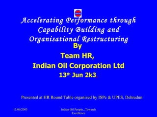 Accelerating Performance through Capability Building and Organisational Restructuring By  Team HR,  Indian Oil Corporation Ltd 13 th  Jun 2k3 , 13/06/2003 Indian Oil People...Towards Excellence Presented at HR Round Table organized by ISPe & UPES, Dehradun 