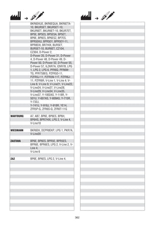 362
BKR6EKUE, BKR6EQUA, BKR6ETA-
10, BKUR5ET, BKUR5ET-10,
BKUR6ET, BKUR6ET-10, BKUR7ET,
BP5E, BP5ES, BP5ESA, BP5ET,
BP6E, BP6ES, BP6ESZ, BP7ES,
BPR5EKU, BPR5EY, BPR5EY-11,
BPR8EIX, BR7HIX, BUR5ET,
BUR5ET-10, BUR6ET, CZ104,
CZ304, D-Power 2,
D-Power 20, D-Power 31, D-Power
4, D-Power 48, D-Power 49, D-
Power 50, D-Power 52, D-Power 55,
D-Power 57, ILZKR7A, IZKR7B, LPG
1, LPG 2, LPG 6, PFR6Q, PFR6W-
TG, PFR7S8EG, PZFR5D-11,
PZFR5J-11, PZFR5N-11T, PZFR6J-
11, PZFR6R, V-Line 1, V-Line 4, V-
Line 8, V-Line 9, V-Line21, V-Line22,
V-Line24, V-Line27, V-Line28,
V-Line29, V-Line34, V-Line35,
V-Line37, Y-1002AS, Y-118R, Y-
501U, Y-607AS, Y-609AS, Y-715R,
Y-732J,
Y-741U, Y-918J, Y-918R, YE14,
ZFR5P-G, ZFR6S-Q, ZFR6T-11G
WARTBURG A7, AB7, BP6E, BP6ES, BP6H,
BP6HS, BPR7HIX, LPG 2, V-Line 4,
V-Line18
WIESMANN BKR6EK, DCPR8EKP, LPG 1, PKR7A,
V-Line20
ZASTAVA BP6E, BP6ES, BPR5E, BPR5ES,
BPR6E, BPR6ES, LPG 2, V-Line 2, V-
Line 4,
V-Line 6
ZAZ BP6E, BP6ES, LPG 2, V-Line 4,
 