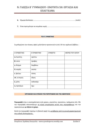 Ν. ΓΛΩΣΣΑ Β΄ ΓΥΜΝΑΣΙΟΥ- ΕΝΟΤΗΤΑ 5Η: ΕΡΓΑΣΙΑ ΚΑΙ
ΕΠΑΓΓΕΛΜΑ
Επιμέλεια: Σερδάκη Ευαγγελία - www.synodoiporos.weebly.com Σελίδα 8
6. Σήμερα δούλεψες …………………………………………………………...................................(πολύ)
7. Είναι προτιμότερο να κοιμάσαι νωρίς …………………………………………………………...............
ΤΟ Β΄ ΣΥΝΘΕΤΙΚΟ
Συμπληρώστε τον πίνακα, αφού μελετήσετε προσεκτικά τη σελ. 83 του σχολικού βιβλίου :
Α΄ΣΥΝΘΕΤΙΚΟ Β΄ΣΥΝΘΕΤΙΚΟ ΣΥΝΘΕΤΟ ΜΕΡΟΣ ΤΟΥ ΛΟΓΟΥ
α. λιγνίτης ορύττω
β. οκτώ όροφος
γ. δείγμα λαμβάνω
δ. καιρός σκοπώ
ε. φεύγω πόνος
στ. α στερητ. άλγος
ζ. μέση καλοκαίρι
η. προνόμιο έχω
ΟΡΓΑΝΩΣΗ ΚΑΙ ΣΥΝΟΧΗ ΤΗΣ ΠΕΡΙΓΡΑΦΗΣ ΚΑΙ ΤΗΣ ΑΦΗΓΗΣΗΣ
Περιγραφή είναι η αναπαράσταση ενός χώρου, γεγονότος, προσώπου, πράγματος κλπ. Με
την περιγραφή απεικονίζουμε τα κύρια γνωρίσματα αυτού που περιγράφουμε και την
οργανώνουμε με άξονα το χώρο.
Κατά την περιγραφή τηρούμε τη βασική αρχή της μετάβασης από τα γενικά χαρακτηριστικά
στις ειδικές λεπτομέρειες .
 