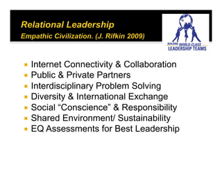   Internet Connectivity & Collaboration
  Public & Private Partners
  Interdisciplinary Problem Solving
  Diversity & International Exchange
  Social “Conscience” & Responsibility
  Shared Environment/ Sustainability
  EQ Assessments for Best Leadership
 