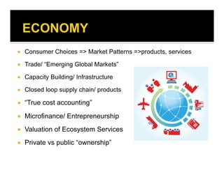   Consumer Choices => Market Patterns =>products, services
  Trade/ “Emerging Global Markets”
  Capacity Building/ Infrastructure
  Closed loop supply chain/ products
  “True cost accounting”
  Microfinance/ Entrepreneurship
  Valuation of Ecosystem Services
  Private vs public “ownership”
 