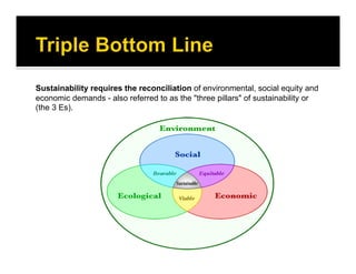 Sustainability requires the reconciliation of environmental, social equity and
economic demands - also referred to as the "three pillars" of sustainability or
(the 3 Es).
 